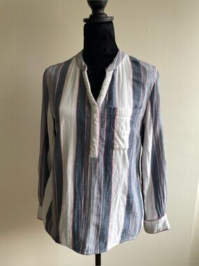 Style & Co 100% Cotton Striped Popover Blouse PM Petite Medium